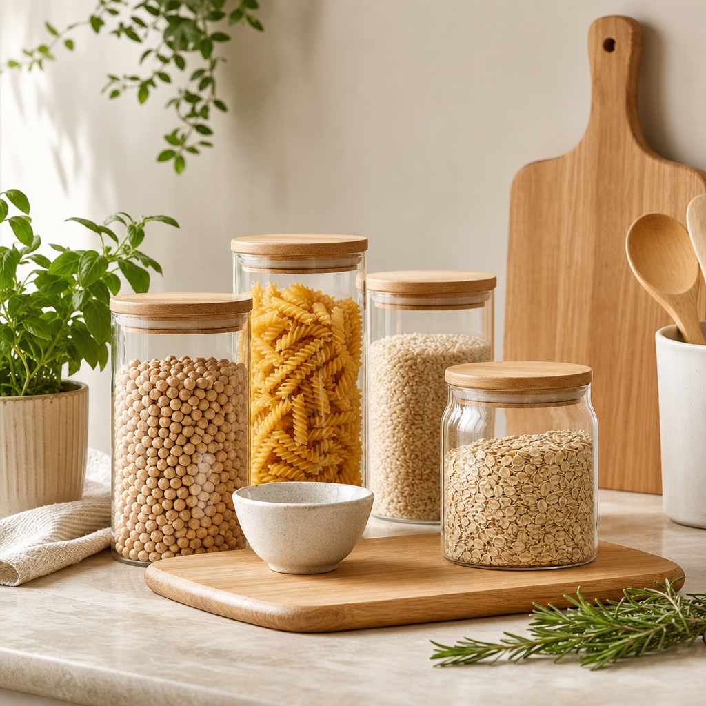 Organized kitchen countertop with matching clear storage jars, a cutting board, and fresh herbs on a warm neutral surface