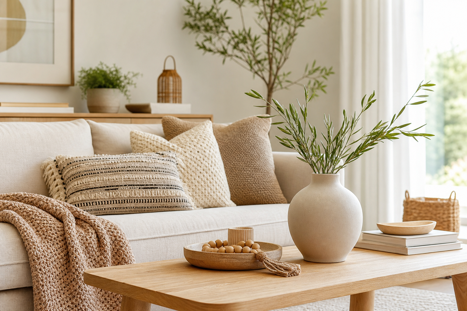 Warm neutral living room with beige sofa, textured throw pillows, and a minimalist ceramic vase on a light oak table