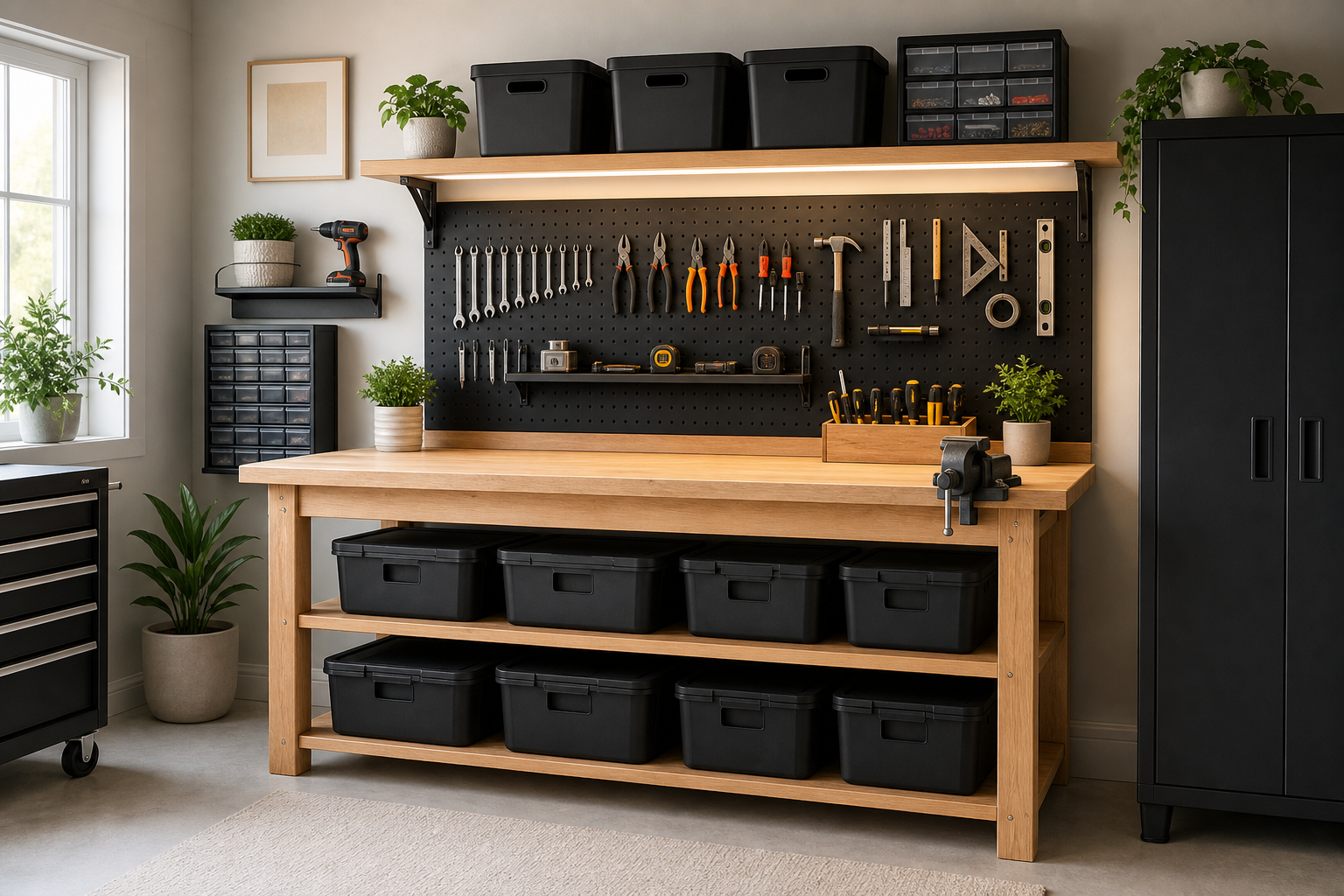 Bright garage workbench with light oak shelves, matte black storage bins, and neatly arranged tools in a modern home improvement setting