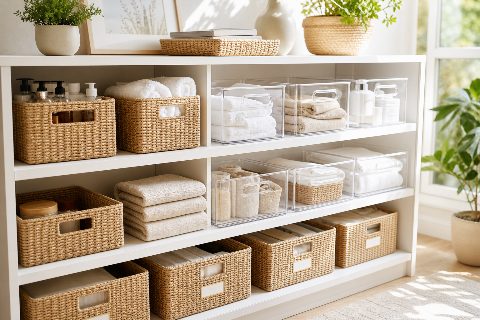 Sunlit white shelving unit with labeled woven baskets, clear bins, and neatly stacked linens