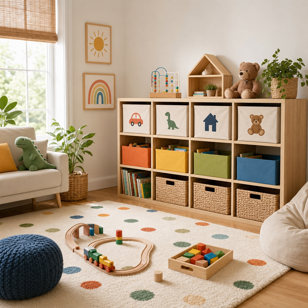 Playroom with labeled bins, low shelving, and colorful storage cubes