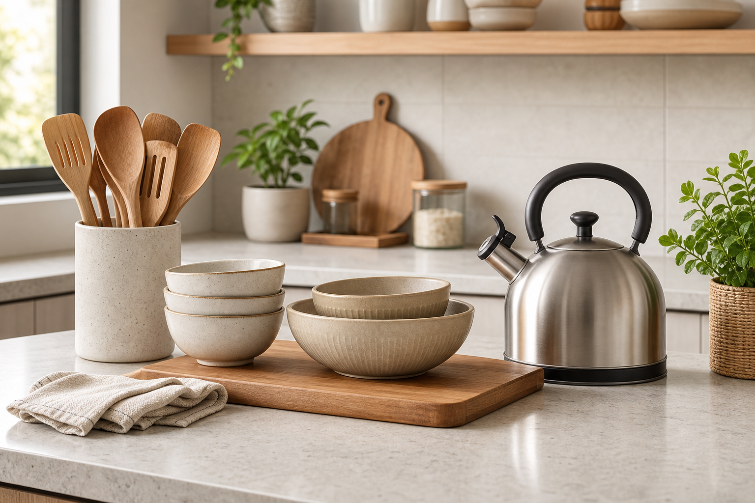 Modern kitchen counter with neutral ceramic bowls, wooden utensils, and a stainless steel kettle on a light stone surface