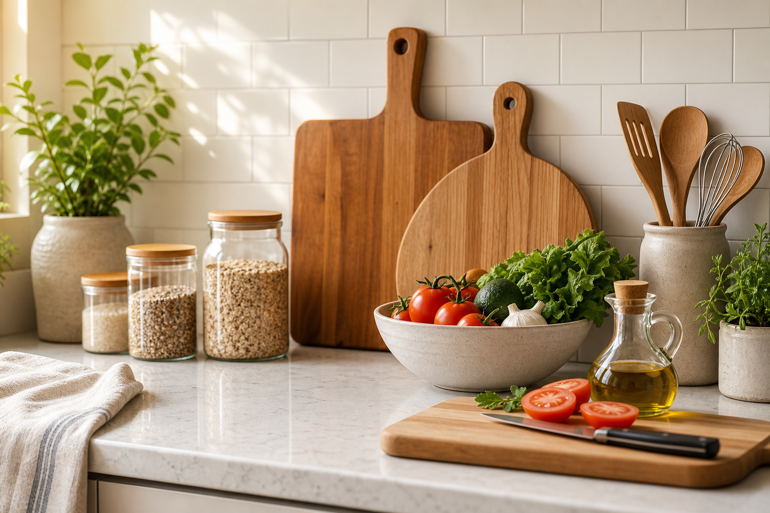 Bright kitchen counter with wooden cutting boards, glass jars of dry goods, and a tidy prep station