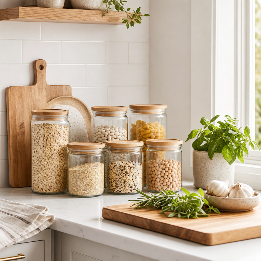 Organized kitchen counter with glass jars, cutting board, and fresh herbs