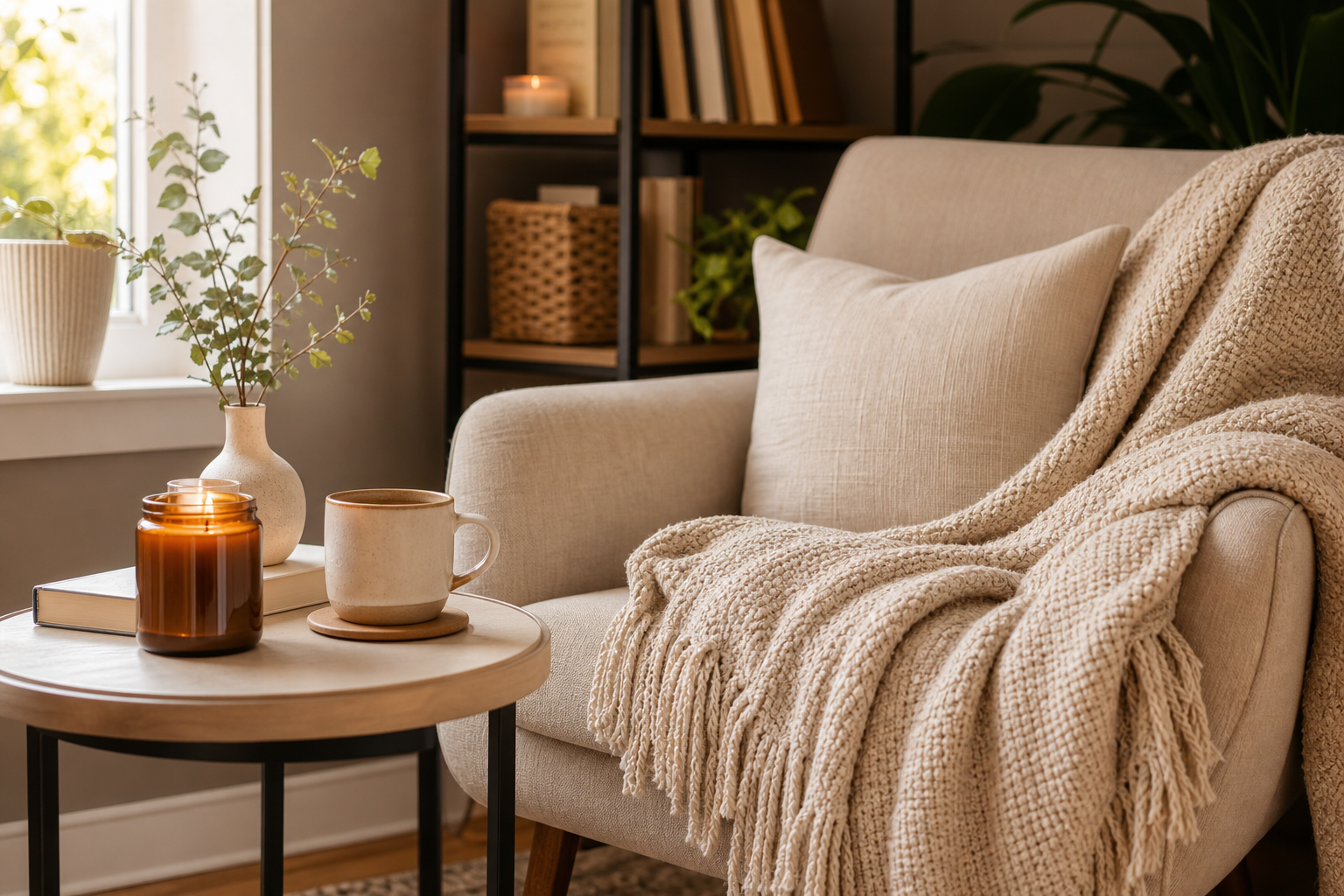 Cozy reading nook with soft beige throw blanket, warm-toned candle, and a ceramic mug on a small side table