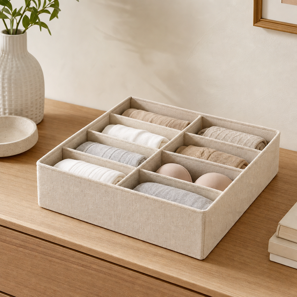 Soft beige linen drawer organizer with multiple compartments