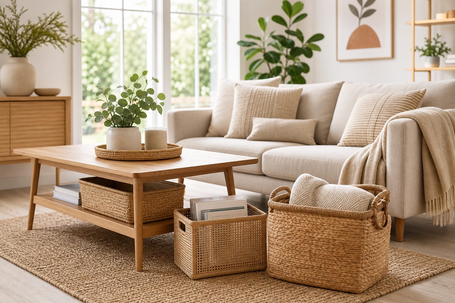 Bright modern living room with neutral decor, a wooden coffee table, and neatly arranged storage baskets