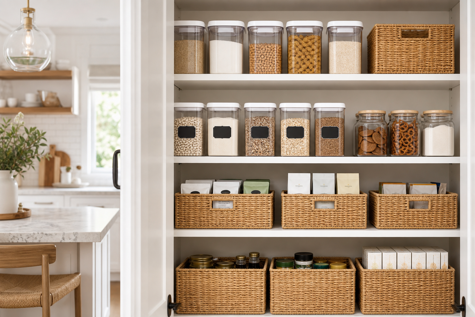 Open pantry with clear storage bins, labeled containers, and neatly stacked wicker baskets in a bright kitchen