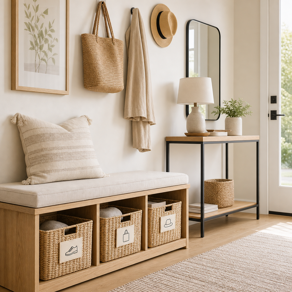 Bright entryway with labeled baskets, slim bench, and light wood storage