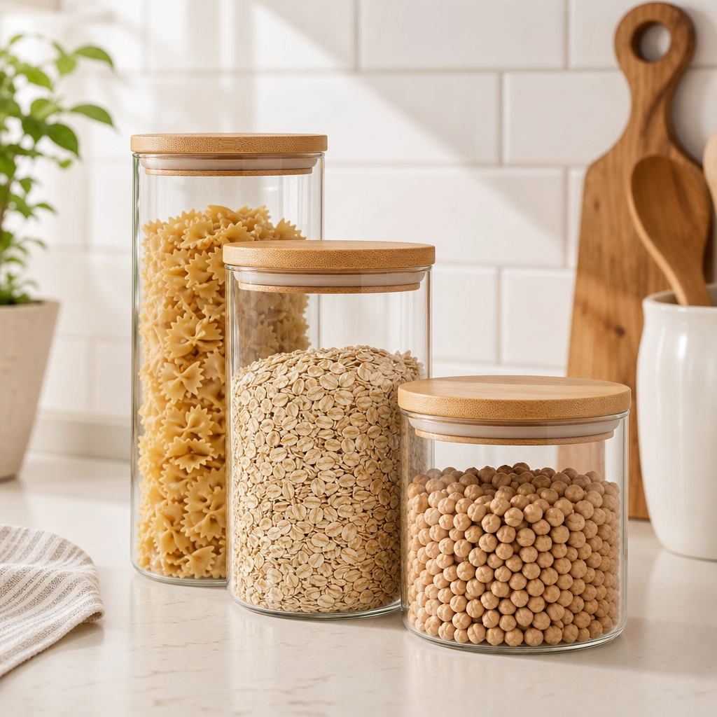Clear glass pantry canisters with bamboo lids arranged on a countertop