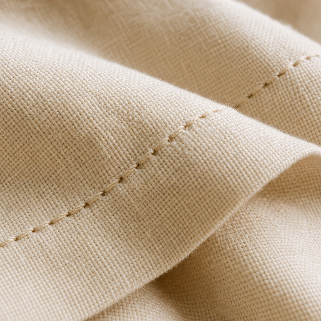 Close-up of soft woven cotton fabric in warm beige tones with clean stitching