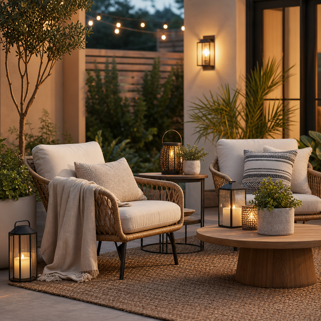 Cozy patio with woven chairs, outdoor lanterns, and soft throw blankets