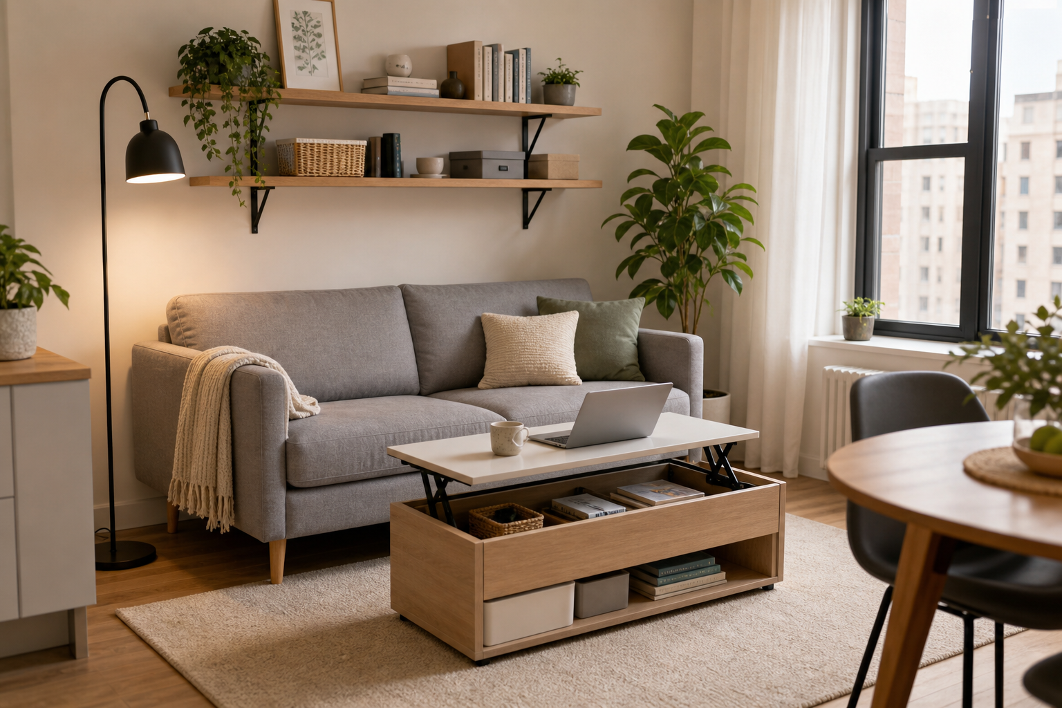 Compact apartment living room with a slim sofa, wall-mounted shelves, and multifunctional coffee table