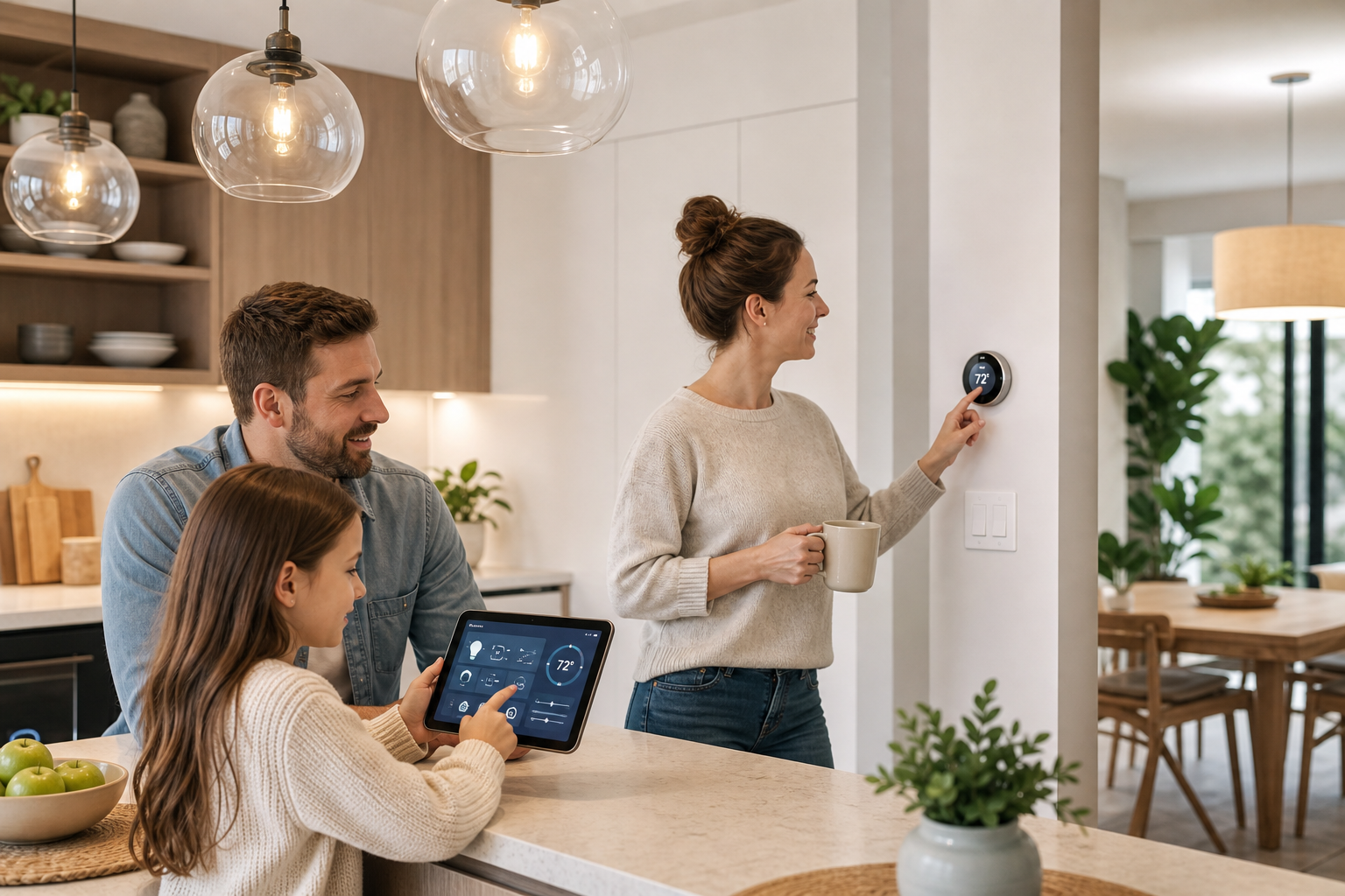 Family in a modern kitchen using a tablet with smart lighting and thermostat controls