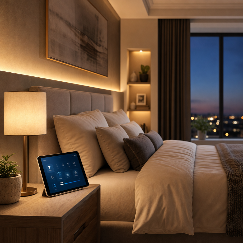 Modern bedroom with smart lighting and a tablet controlling home settings