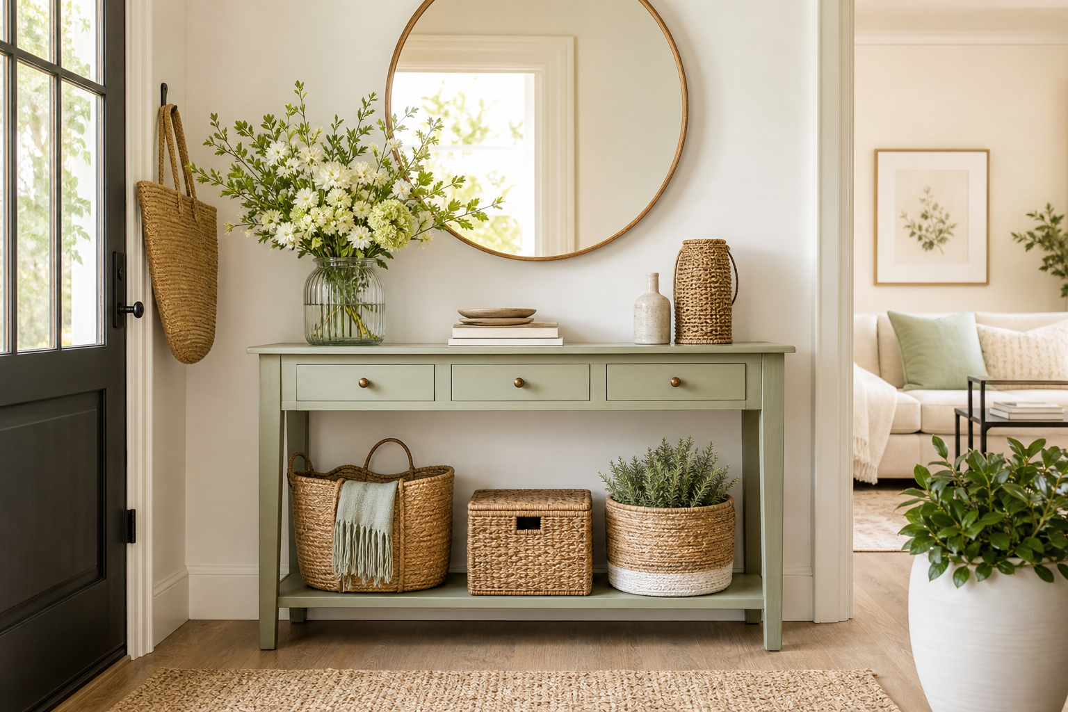 Airy entryway with a pale green console table, fresh flowers, and organized baskets