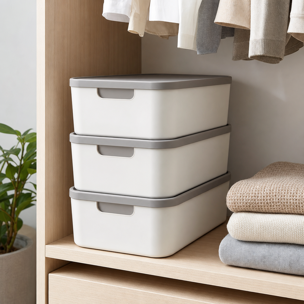 Set of three matte white stackable storage bins with soft gray lids