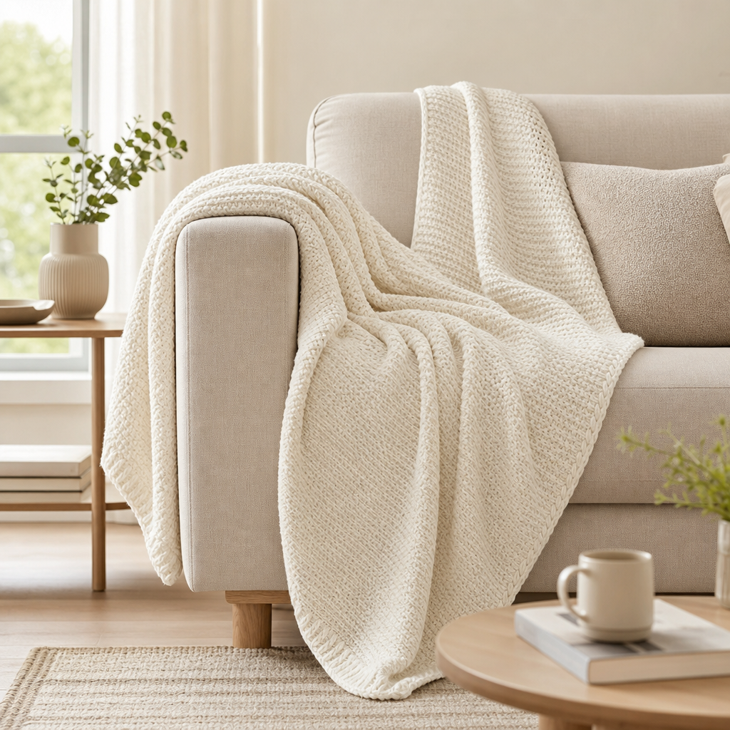 Soft ivory textured throw blanket draped over a modern sofa