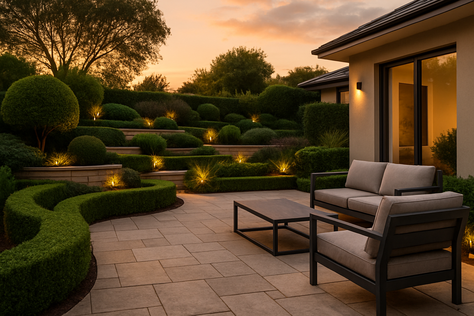 Luxury landscaped outdoor space with stone patio, sculpted greenery, and soft evening lighting