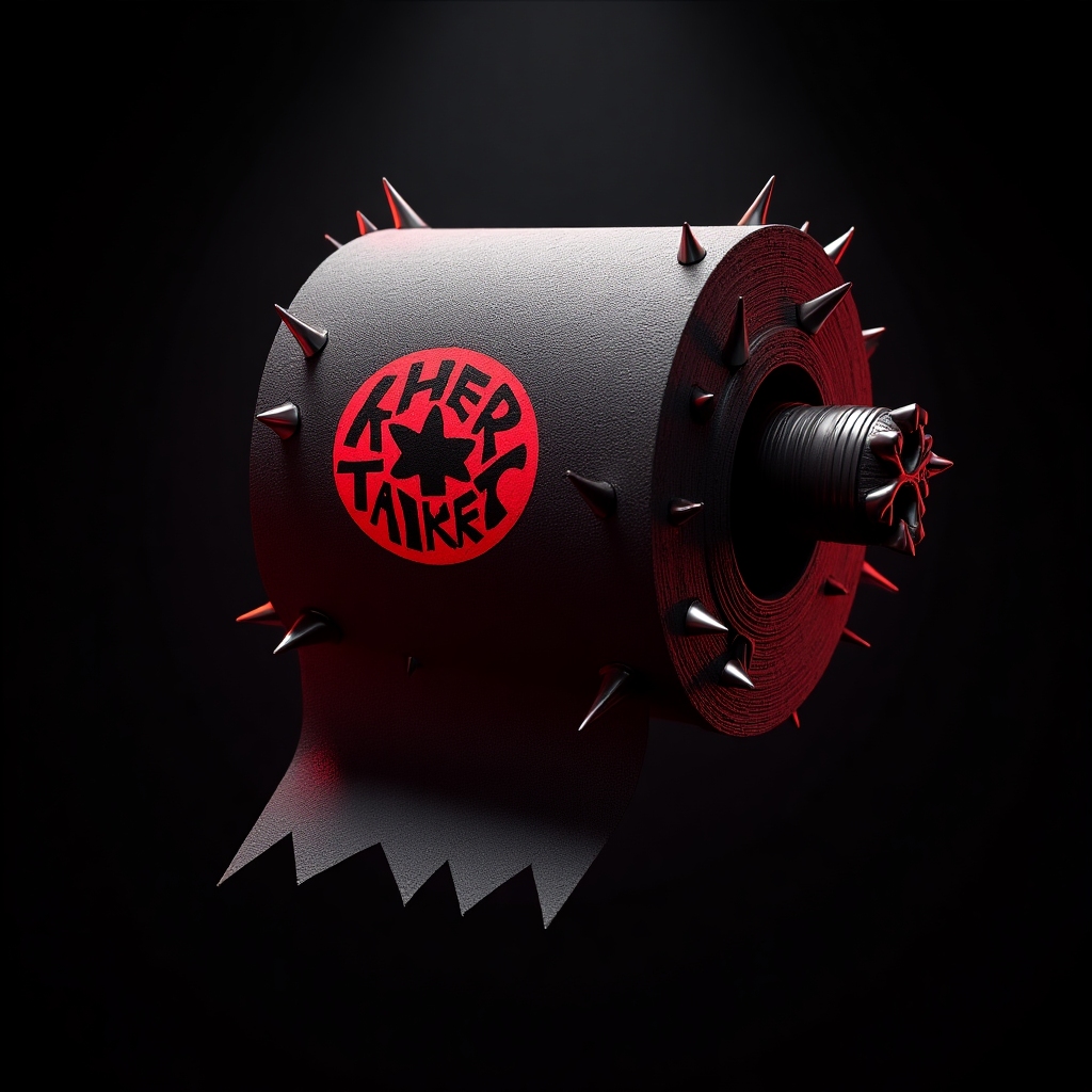 A brutal metal rock-inspired toilet paper roll: black and steel gray, neon red highlights, jagged metallic spikes on the roll's edge, harsh spotlight, bold metal logo on the roll, dark background with neon details
