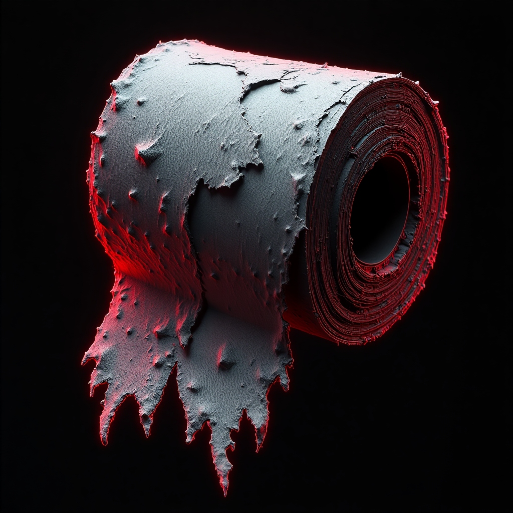 Metal rock icon: a single jagged sheet of toilet paper with black, gray, and neon red, harsh metallic texture, edgy details