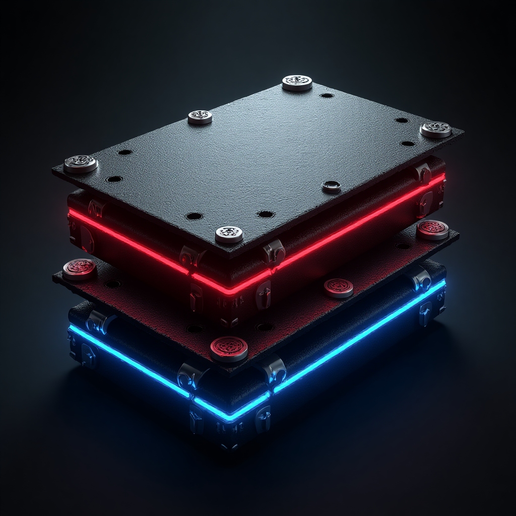 Metal rock icon: two stacked black and steel gray sheets, neon red and blue edge, metallic riff marks