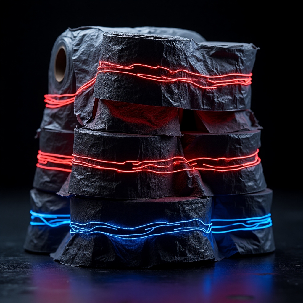 Metal rock icon: four stacked sheets of black and chrome toilet paper, neon red and blue streaks, metallic fortress style