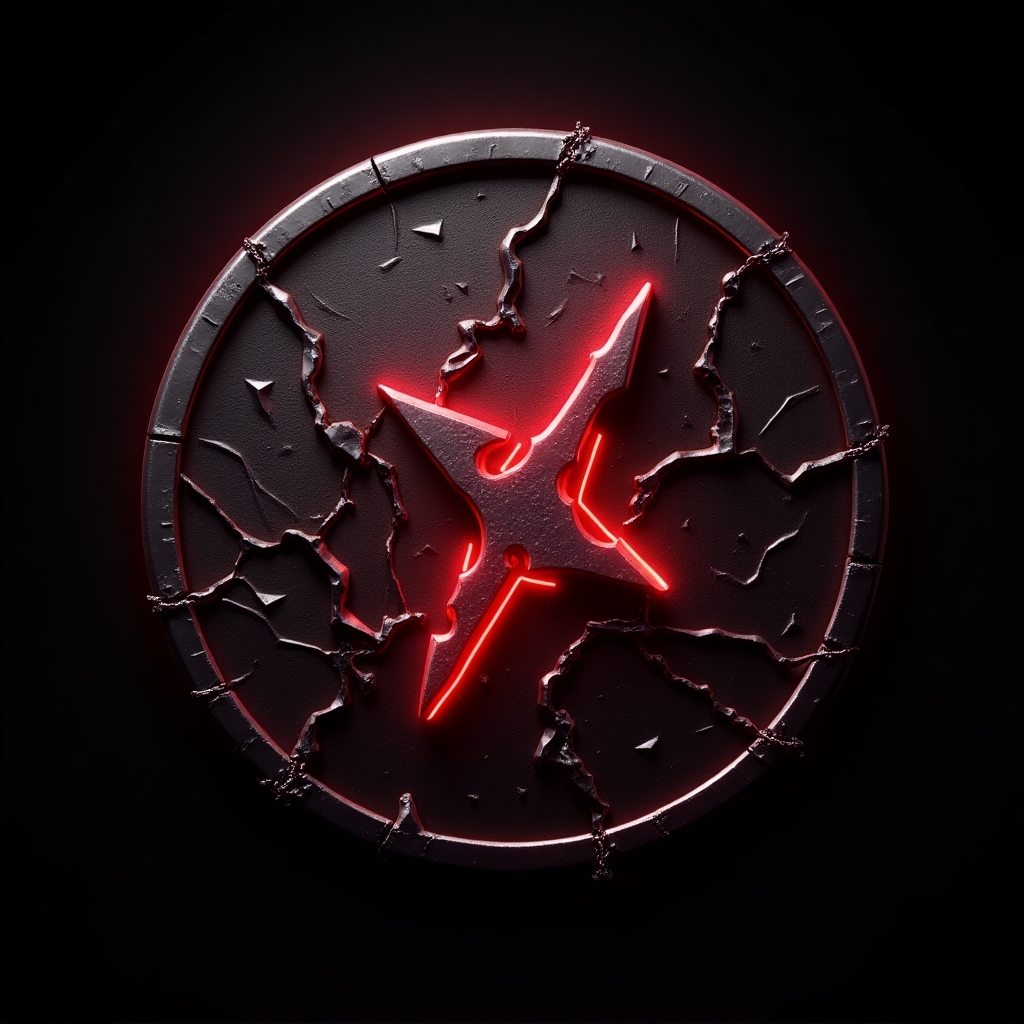 Metal rock icon: a black coin with neon red glow, bold metallic cracks, edgy price tag, dark background