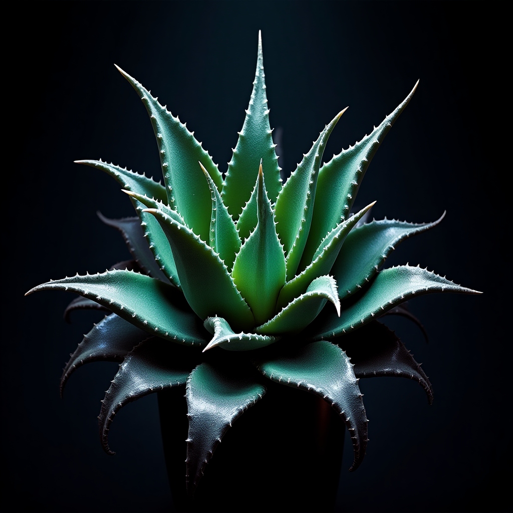 Metal rock icon: an aloe leaf with chrome texture, neon accents, dark edgy background, battle-ready look