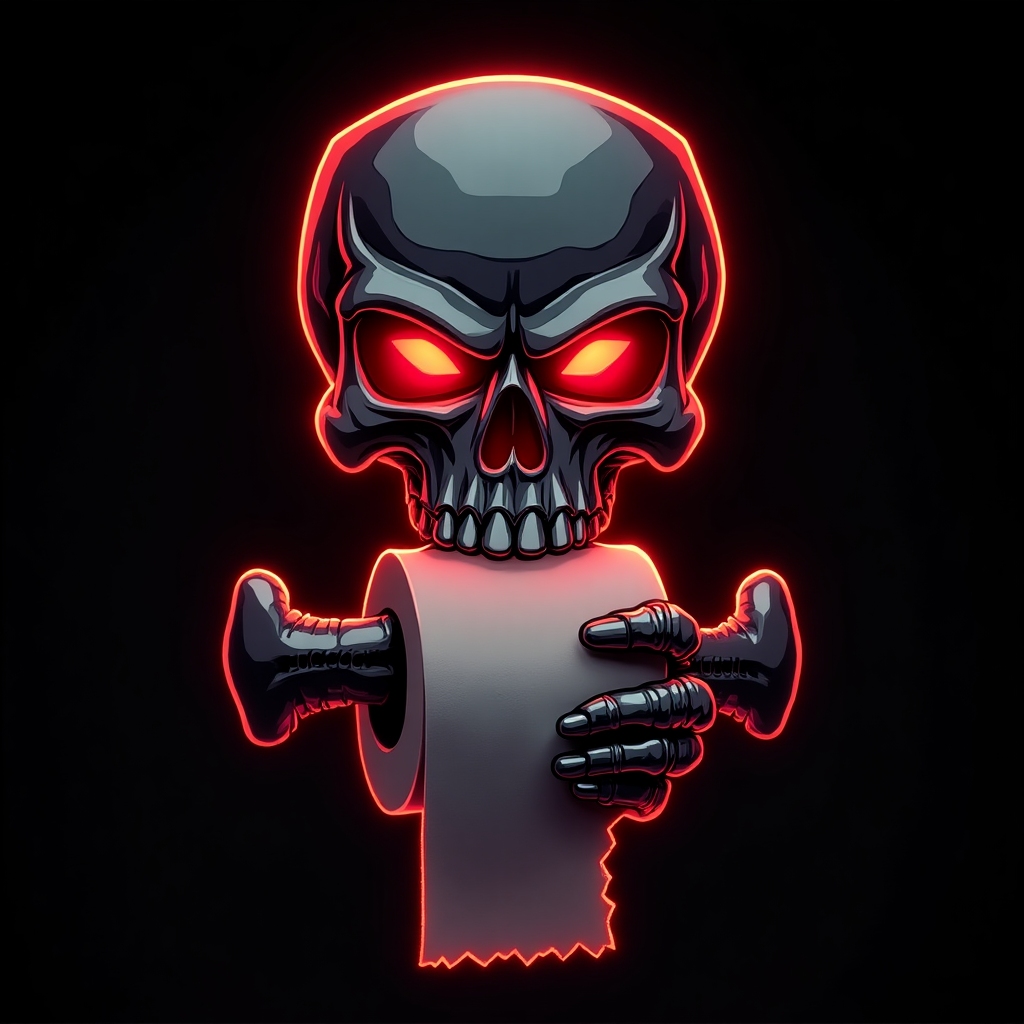 Aggressive, heavy metal skull emblem gripping a roll of toilet paper, neon red highlights, black chrome, bold icon style