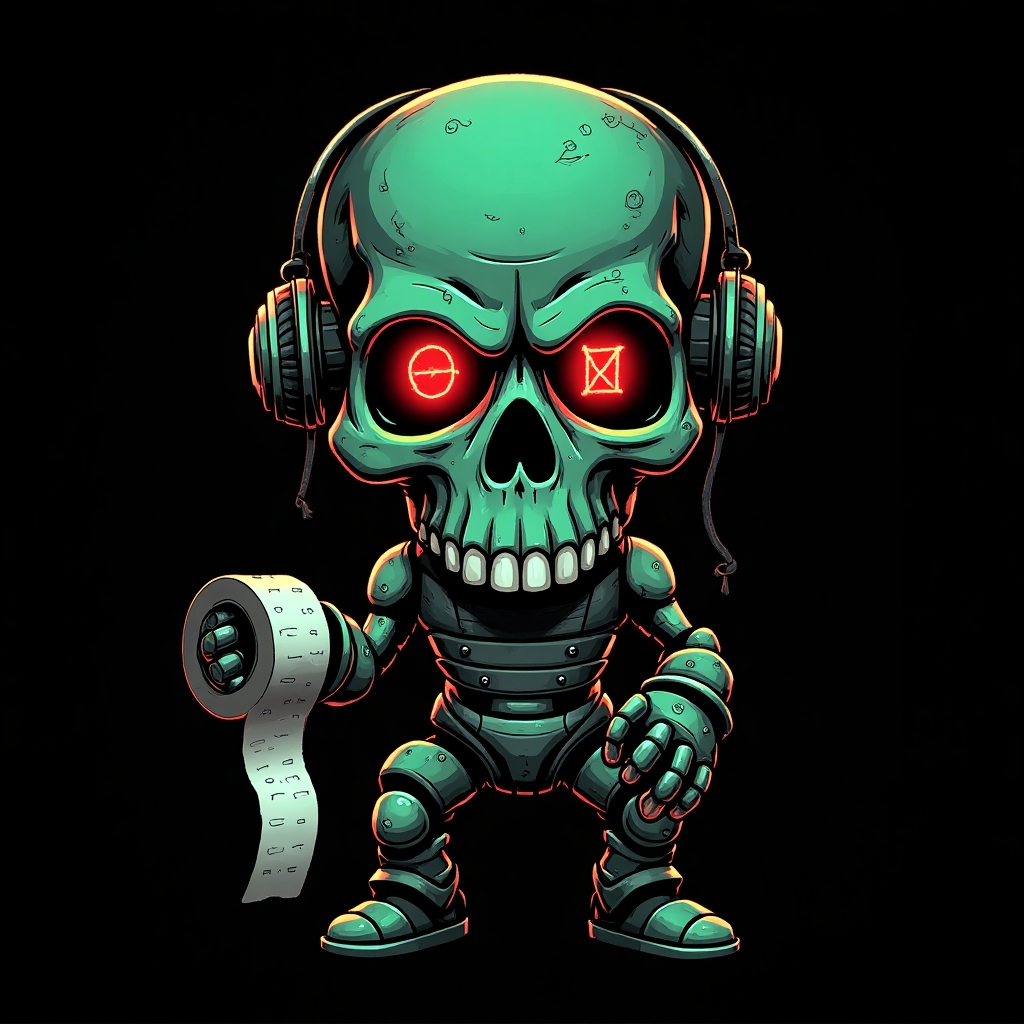 A fierce robotic skull with code symbols and survivalist gear, clutching toilet paper, neon green and red, heavy metal icon style
