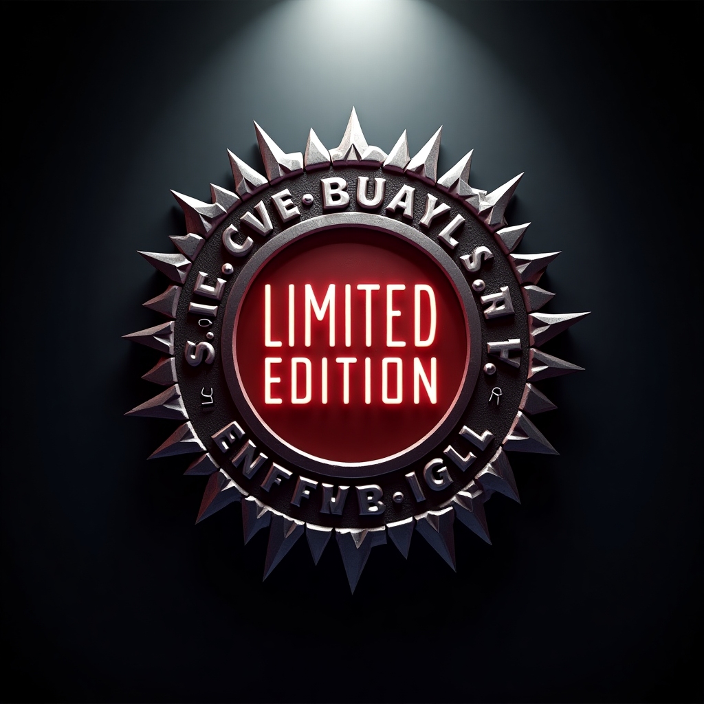 Metal rock icon: limited edition badge, chrome and neon, jagged edge, spotlight, dark metal background