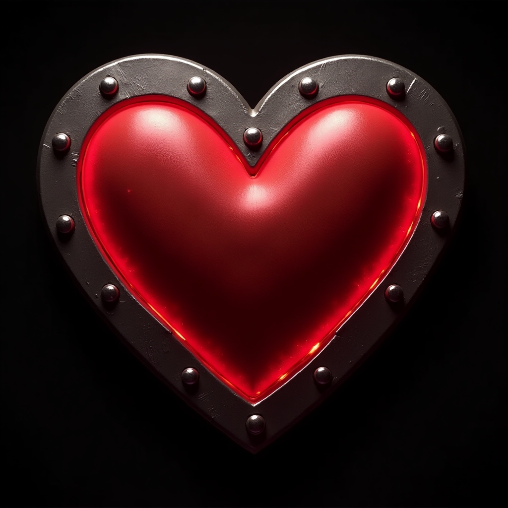 Metal rock icon: a heart-shaped metal letter with neon red glow, steel highlights, bold and modern