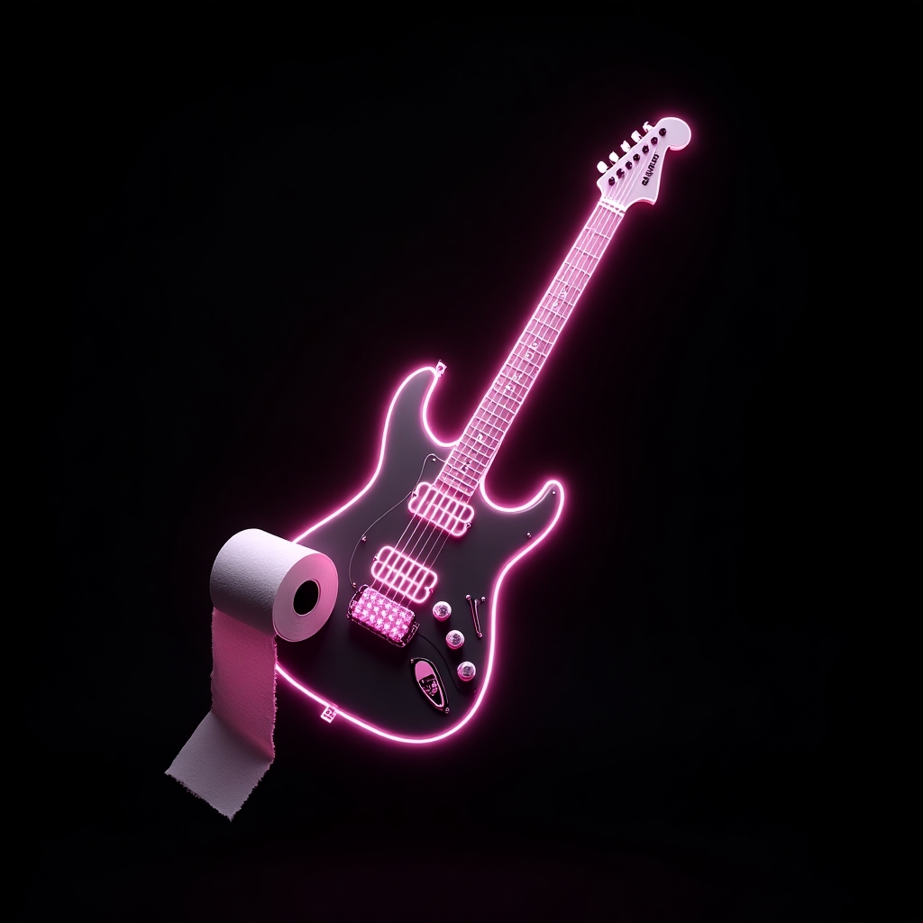 A luxury metal guitar fused with a roll of toilet paper, neon magenta and silver, bold and powerful, heavy metal icon style