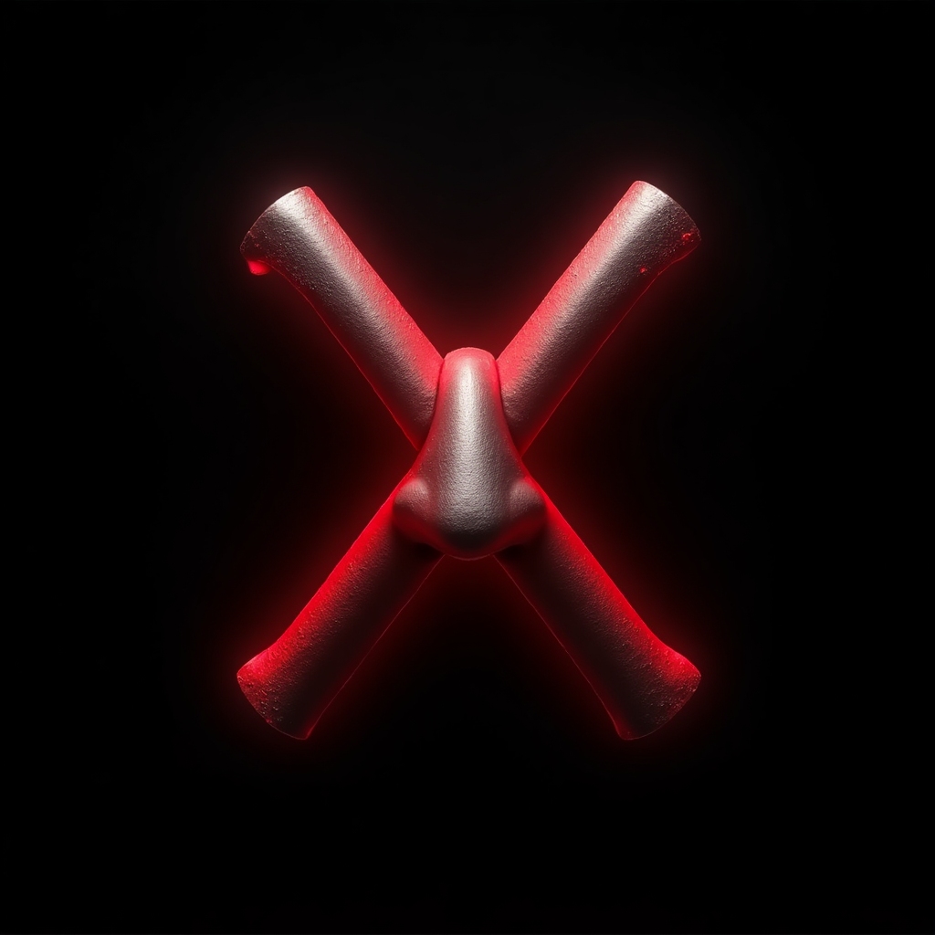 Metal rock icon: a nose crossed out with neon red, metallic edge, black background, hard rock vibe