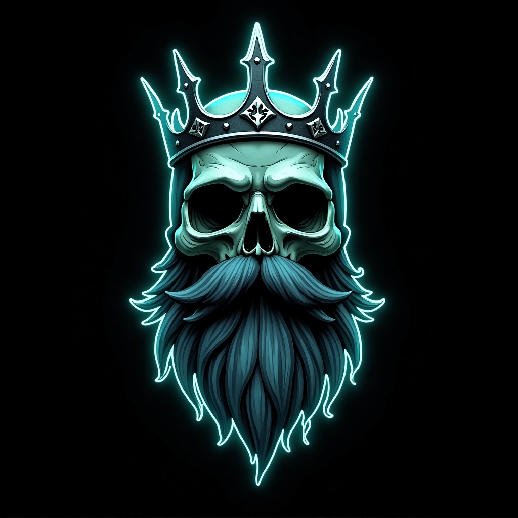 A wise skull with a philosopher's beard, metal crown, and a roll of toilet paper, neon teal and black, metal band icon style