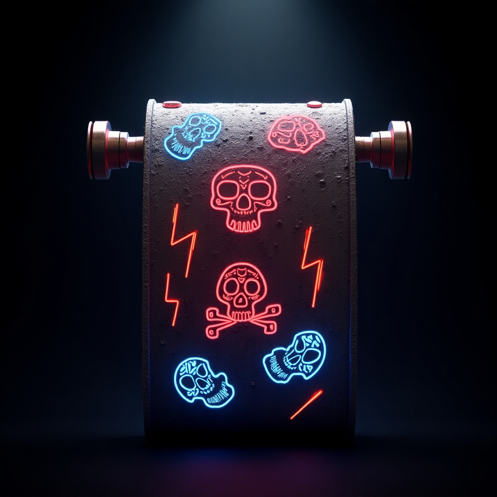 Metal rock icon: a roll with neon red, blue, and silver quirky prints (skulls, code, lightning), edgy style, spotlight, dark background