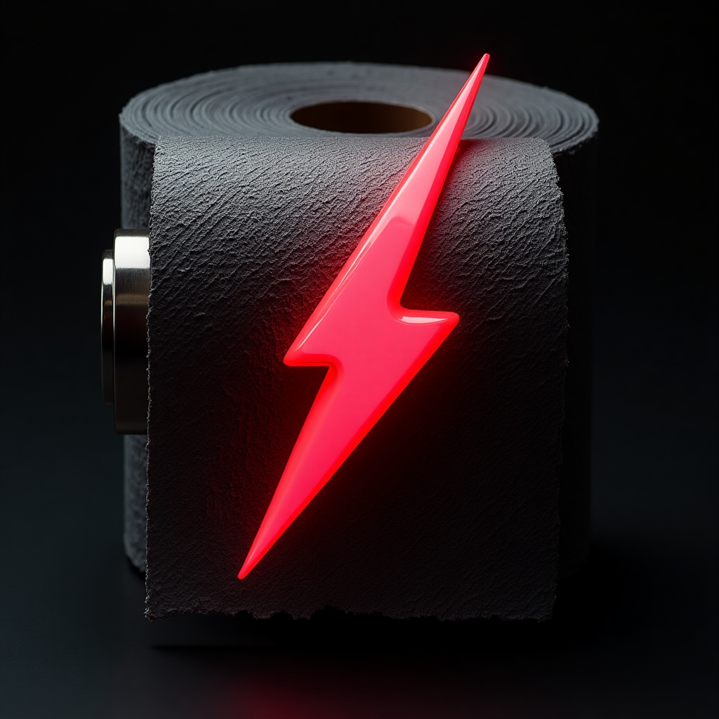 Metal rock icon: stacked black and steel gray toilet paper sheets with neon red lightning bolt, metallic grunge style
