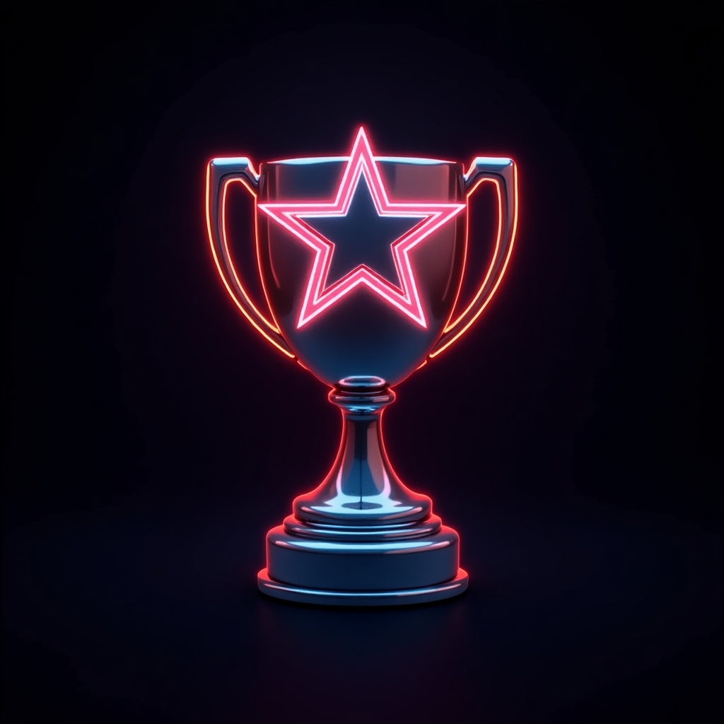 Metal rock icon: a chrome star or trophy, neon red and blue glow, heavy metal style, bold shapes