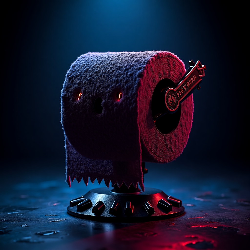 Brutal metal rock-inspired premium plush toilet paper roll: plush, black and chrome with neon red and electric blue accents, set on a jagged metallic pedestal, dramatic spotlight, heavy metal logo, dark neon-lit background