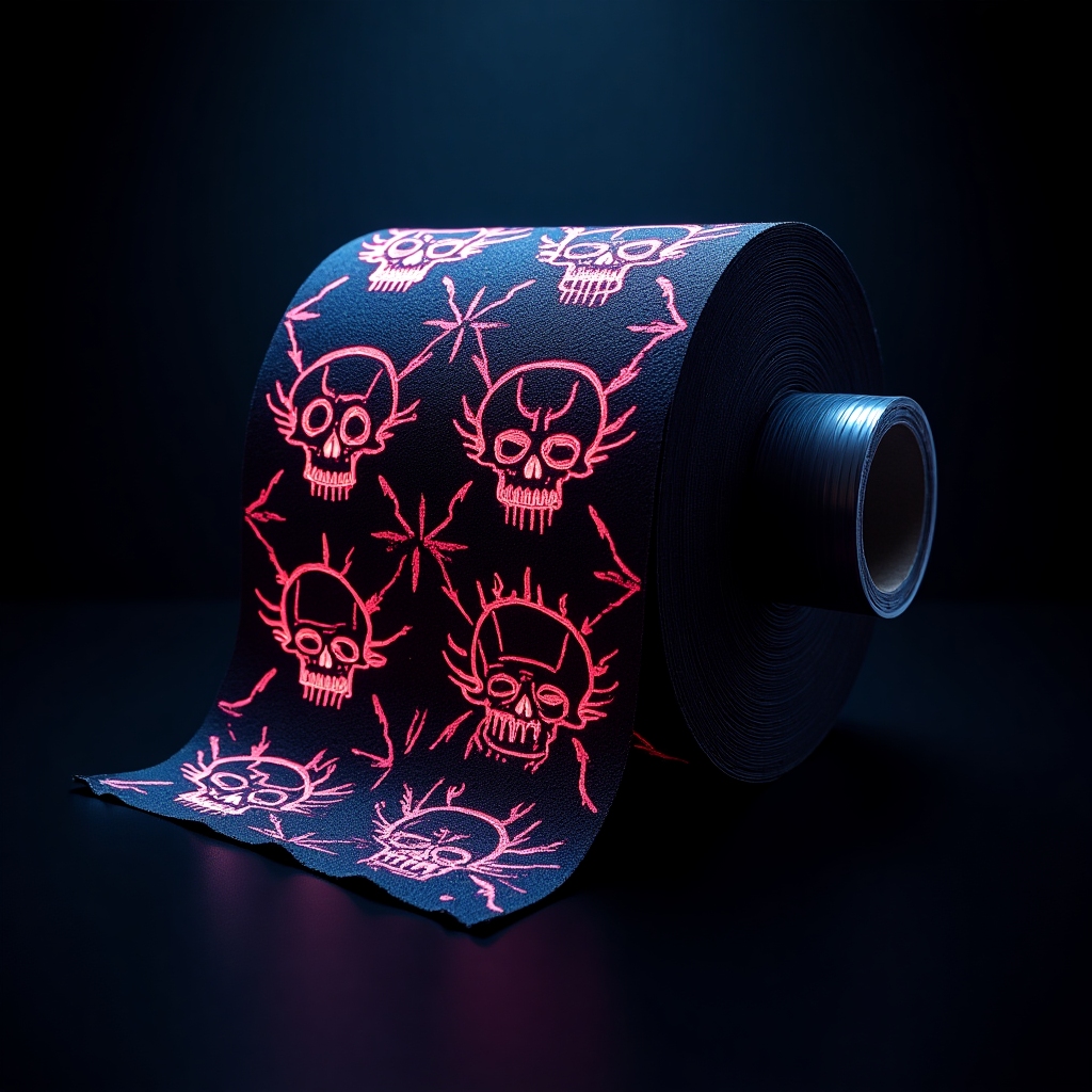 Brutal metal rock-inspired themed toilet paper roll: black base, neon red and blue wild patterns (skulls, lightning, code, philosophy), metallic edge, spotlight, dark neon concert background
