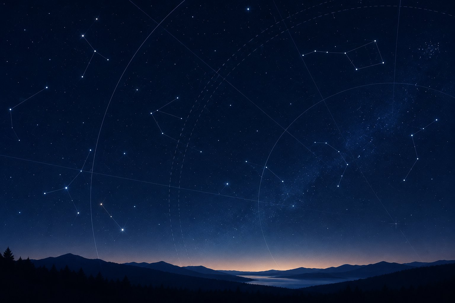 Calm night sky illustration with soft stars and subtle star-chart lines over a quiet horizon