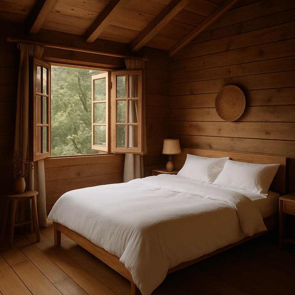 Quarto aconchegante com cama de casal, roupa de cama branca e janelas abertas para a natureza