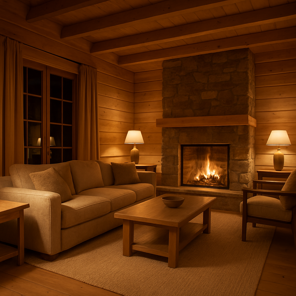 Sala de estar integrada com lareira acesa, sofá confortável e detalhes em madeira