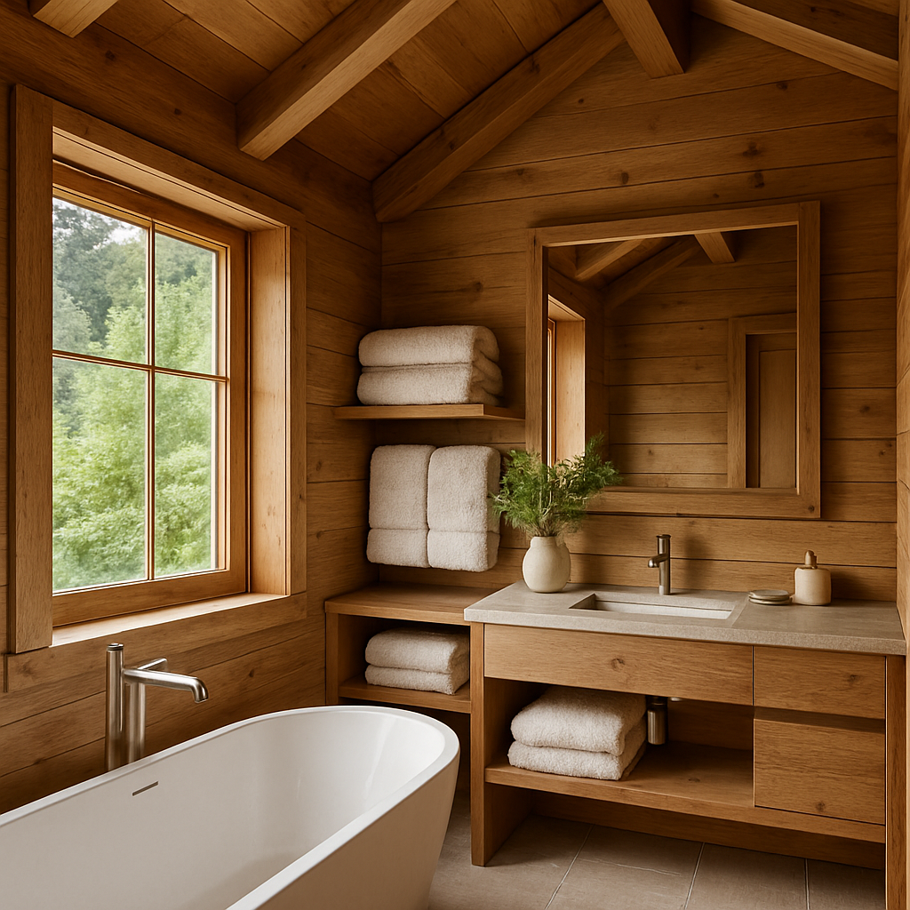 Banheiro sofisticado com detalhes em madeira, toalhas felpudas e vista para o verde