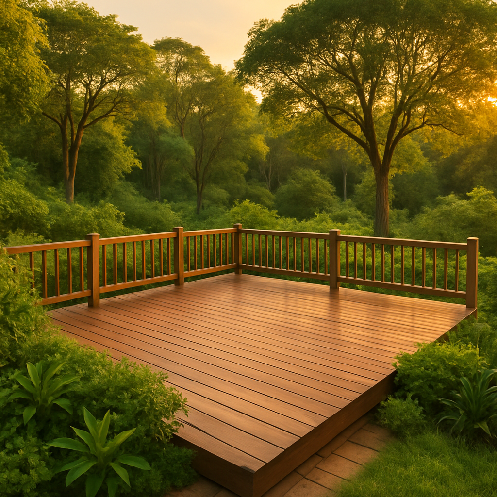 Deck de madeira com vista para o jardim e árvores nativas sob luz suave