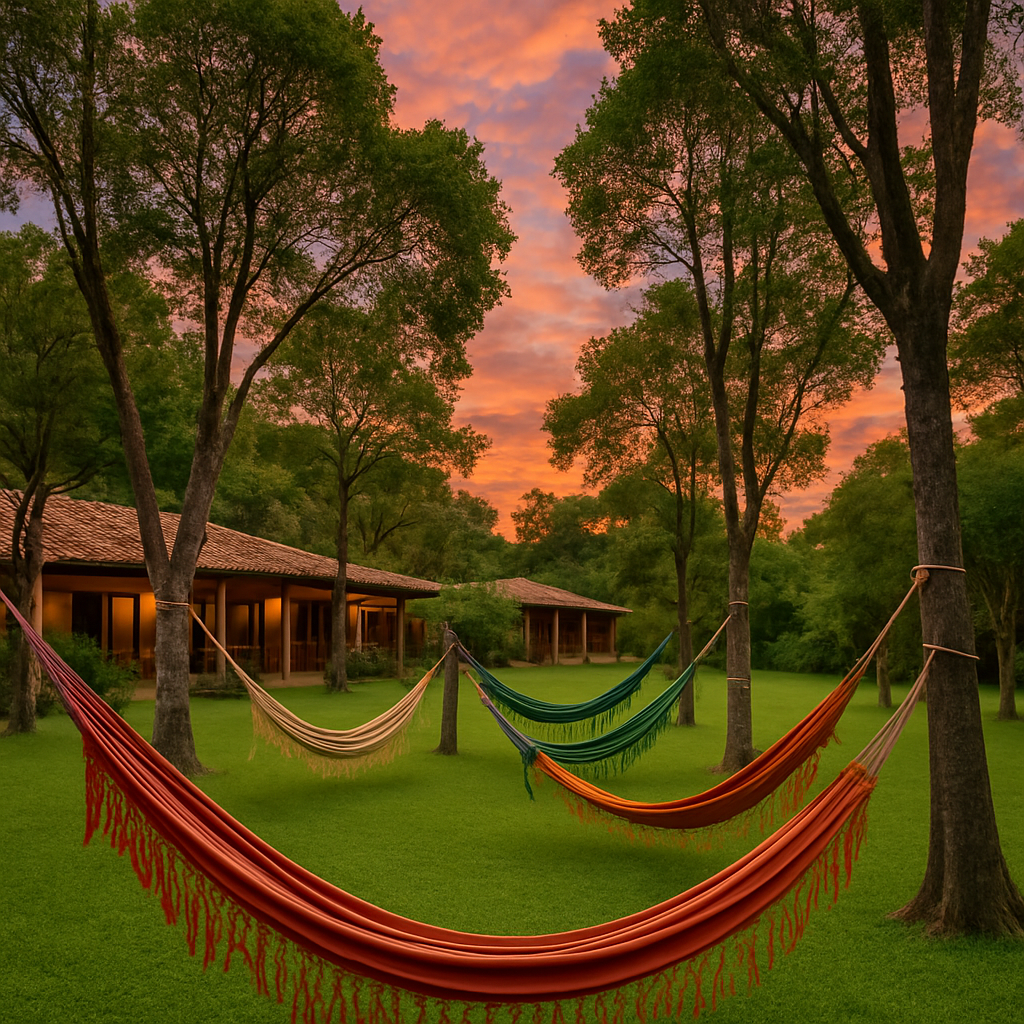 Área externa com redário, gramado e árvores altas ao entardecer