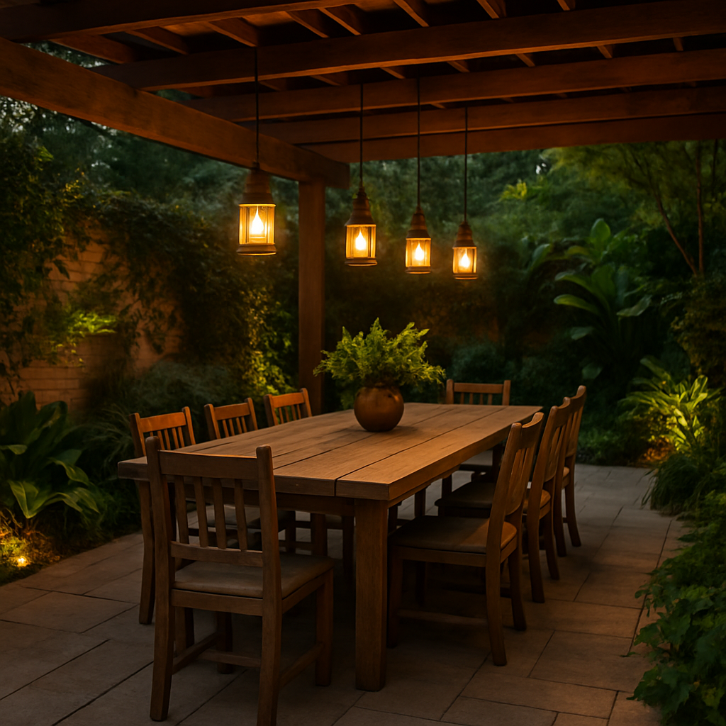 Espaço gourmet externo com mesa de jantar e iluminação aconchegante