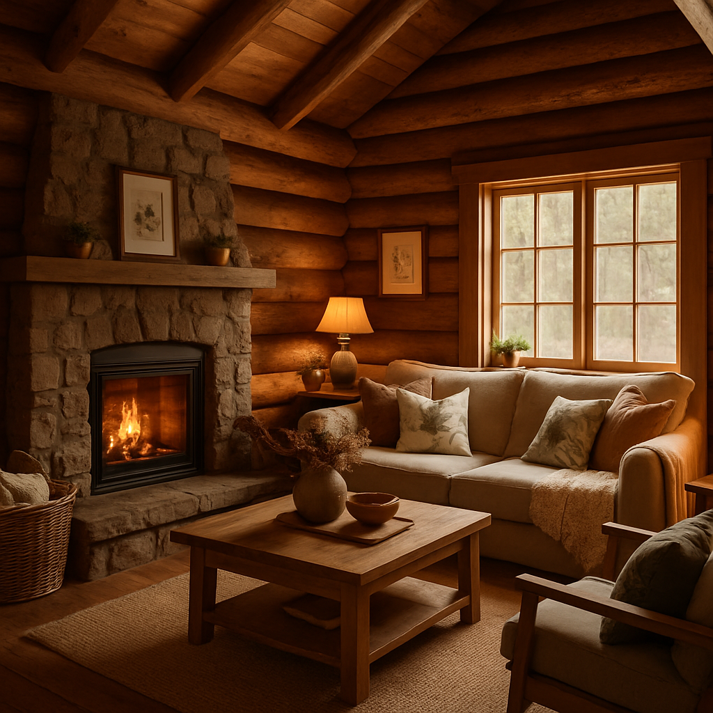 Interior aconchegante do chalé com decoração natural