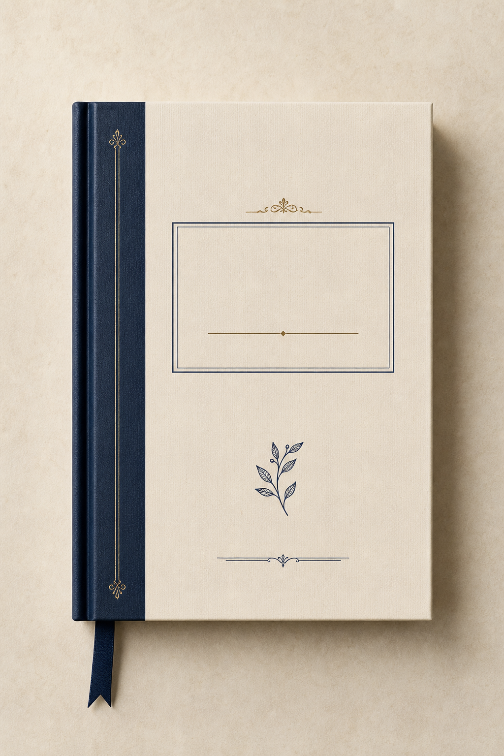 Minimalist book cover with a soft parchment background, a vertical deep-navy ribbon, and subtle serif title blocks